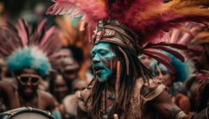 Multi colored parade of samba dancers in Brazil generated by AI